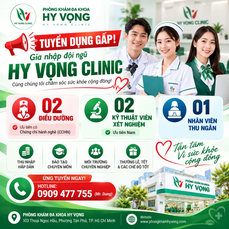 Tuyển dụng 2 điều dưỡng, 2  KTV xét nghiệm, 1 thu ngân